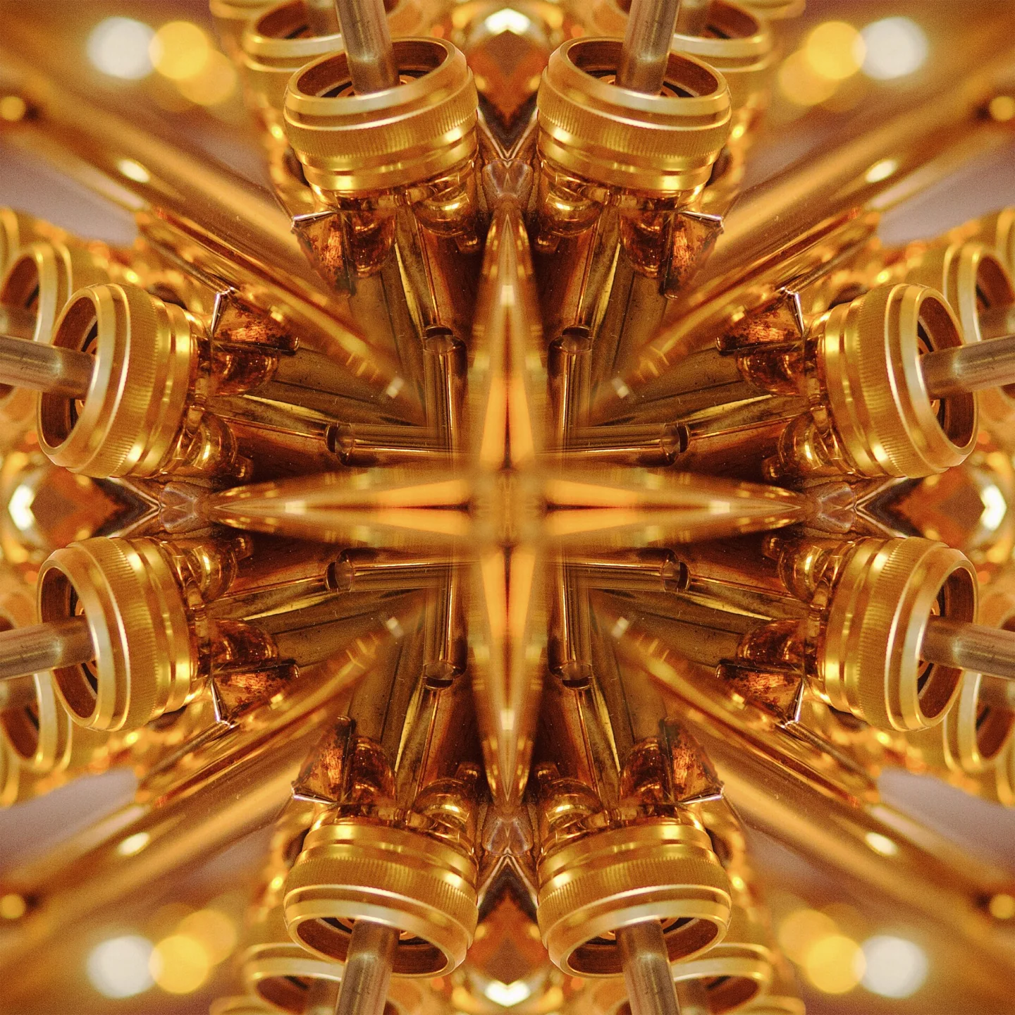 A kaleidoscopic pattern made from golden brass instruments