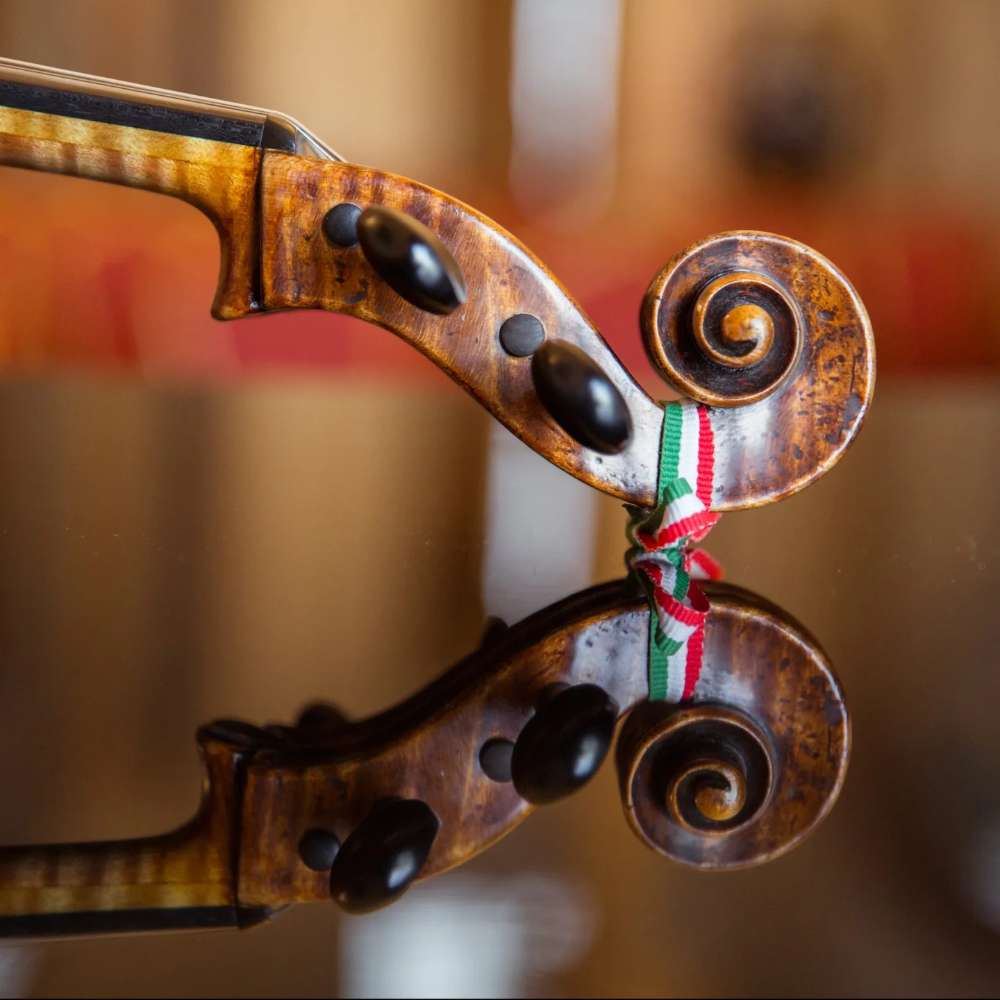Flowers artwork — viola scroll reflected on a piano, by Boglárka Nagy