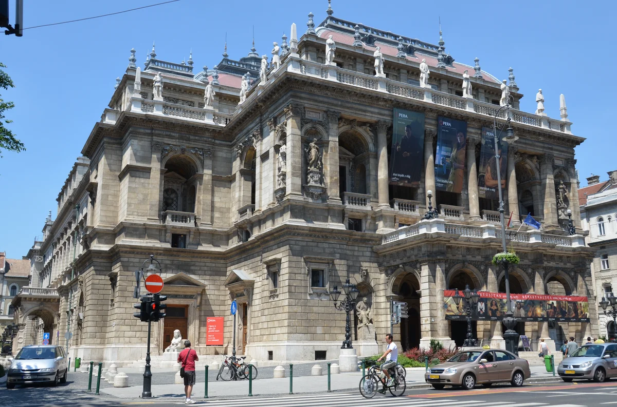 The Hungarian State Opera House on Andrássy út in Budapest, photographed from the street corner.