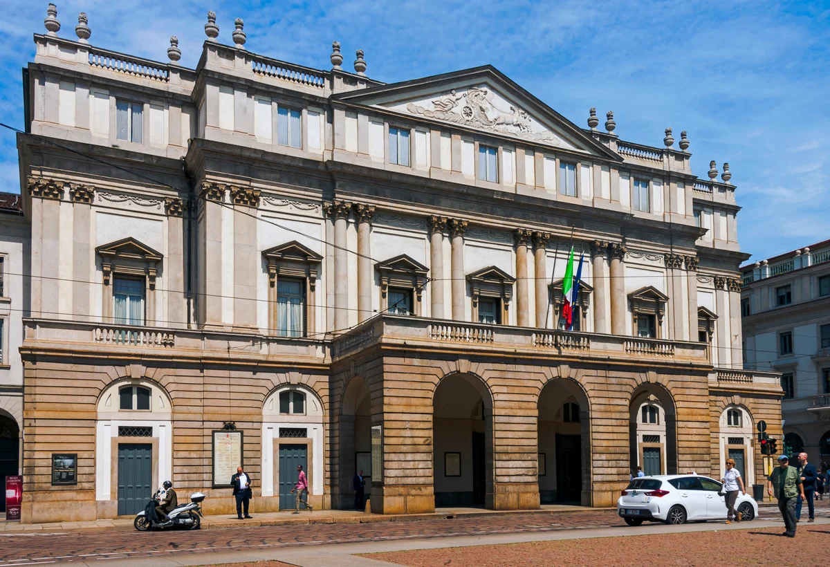 The front façade of Teatro alla Scala on Piazza della Scala in Milan.