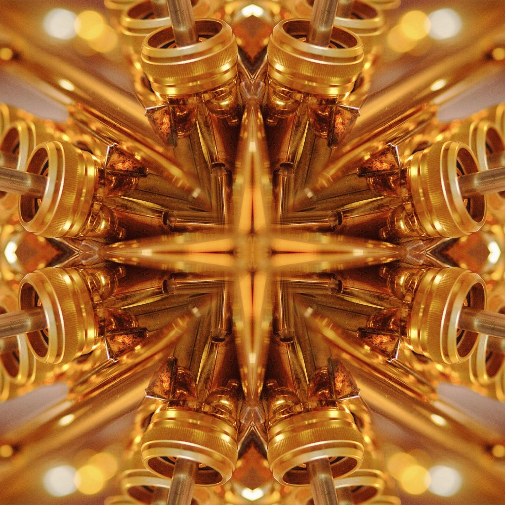 A kaleidoscopic pattern made from golden brass instruments